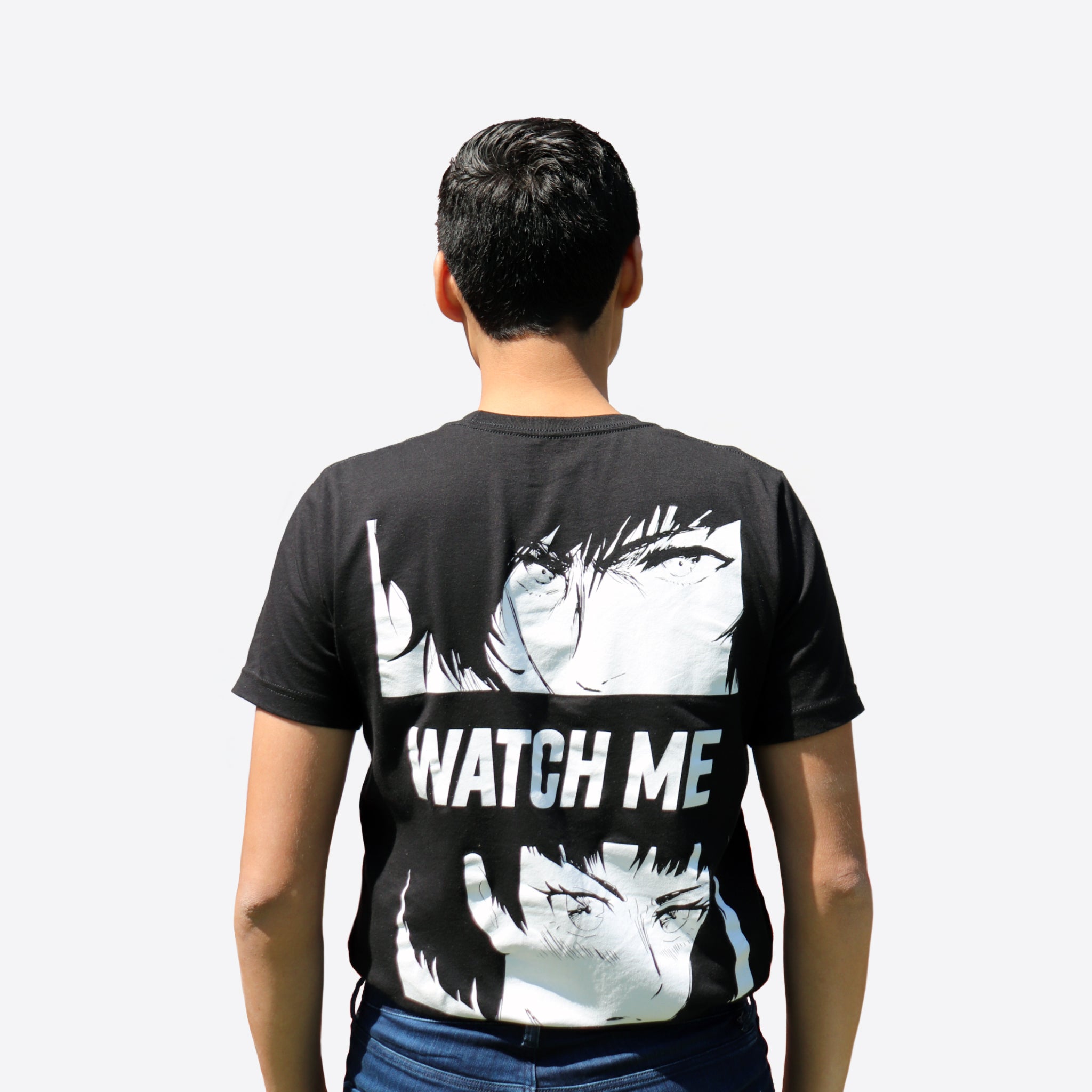 Man wearing Black Uni-sex Anime Streetwear T-shirt REV Brand Watch Me