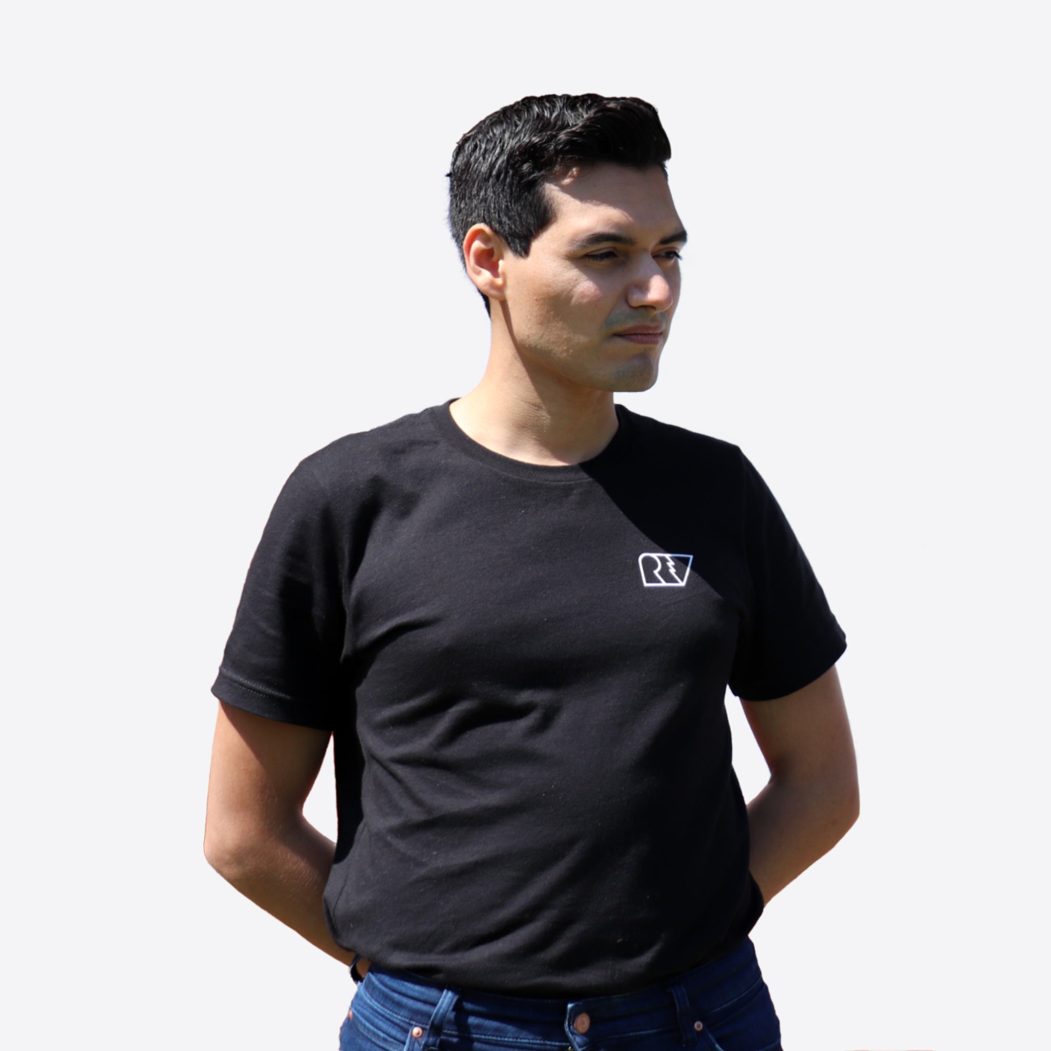 Man wearing Black Uni-sex Anime Streetwear. Front of T-shirt REV Brand Watch Me