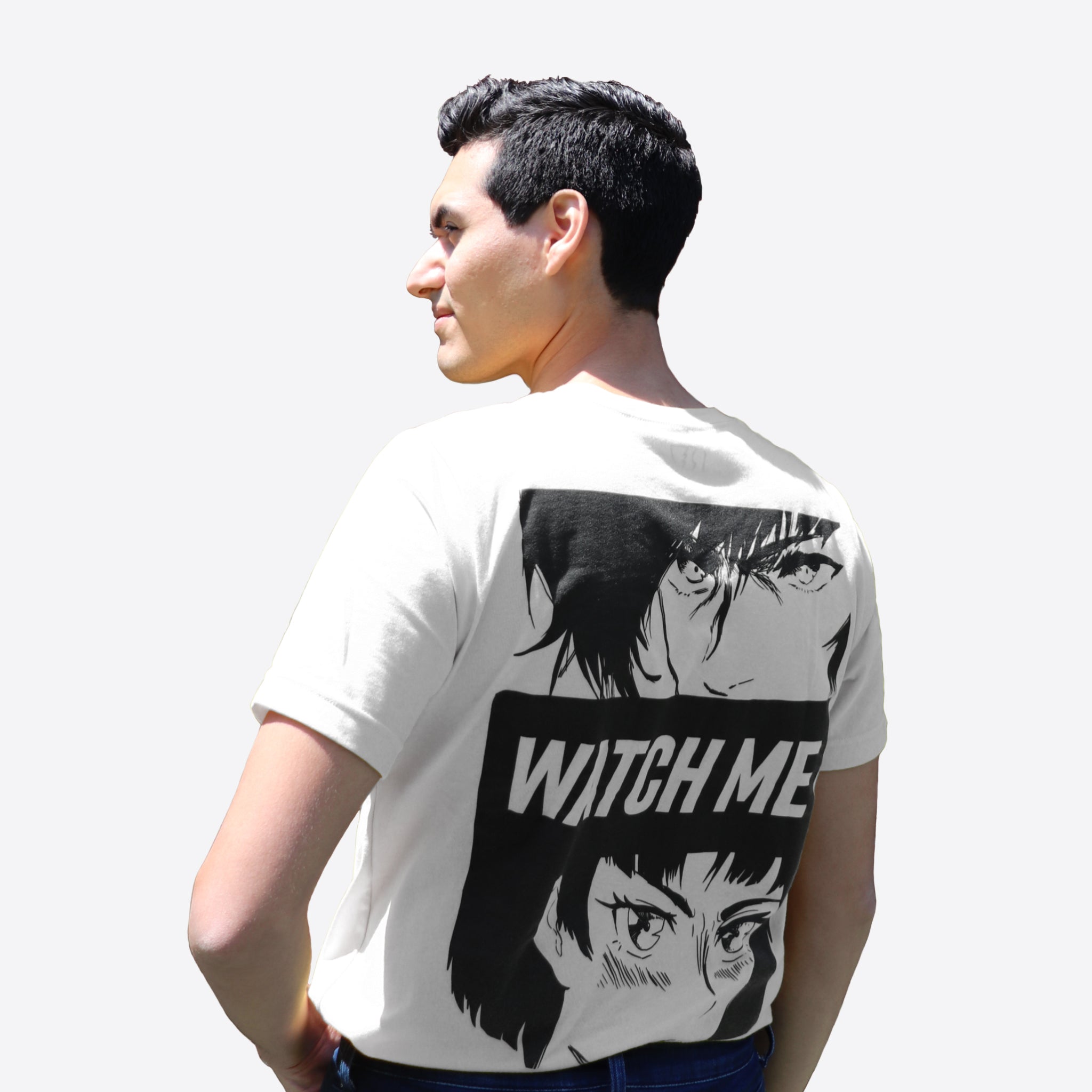 Man wearing White Uni-sex Anime Streetwear T-shirt REV Brand Watch Me