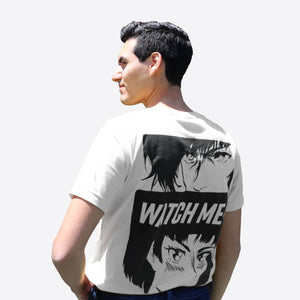 Man wearing White Uni-sex Anime Streetwear T-shirt REV Brand Watch Me