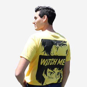 Man wearing Yellow Uni-sex Anime Streetwear T-shirt REV Brand Watch Me